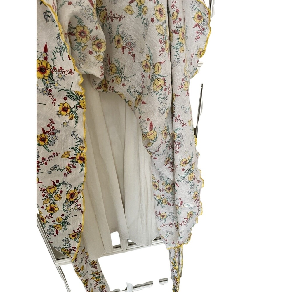 Gul Hurgel Floral White Yellow Ruffle 100% Linen Dress Pinafore Pockets Small - Picture 14 of 16